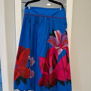 FARM Rio Blue A-Line Skirt with Floral Design